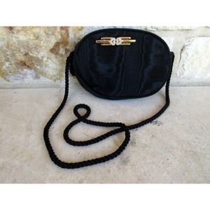 Monet Black Satin Evening Purse Crossbody‎ Handbag Rope Strap Gold Pin
